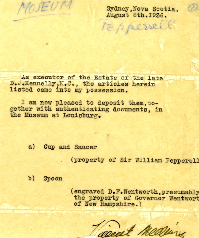 Letter from Vincent Mullins to Louisbourg Museum